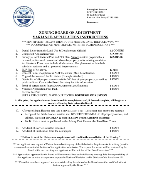 First page of the Zoning Board of Adjustment Variance Application
