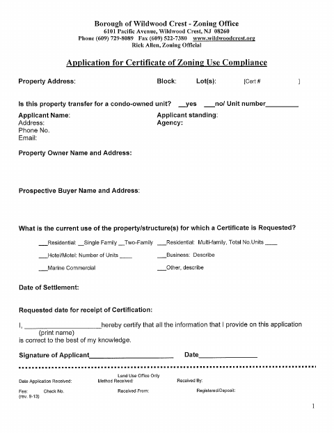 First page of the Application for Certificate of Zoning Use Compliance (Mercantile)