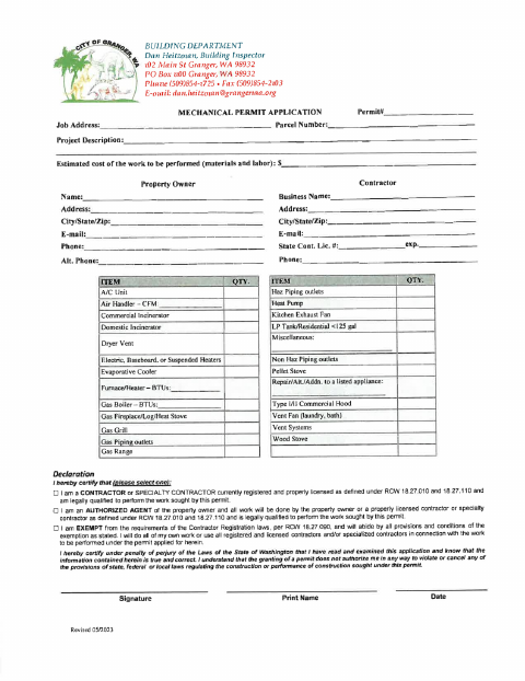 First page of the Mechanical Permit Application