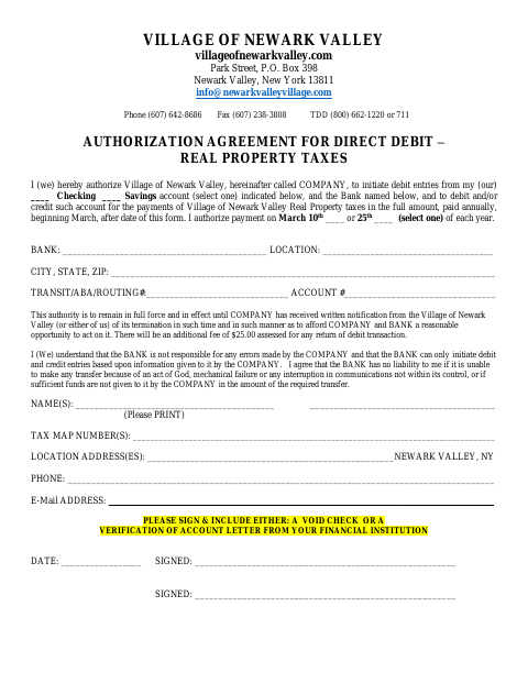 First page of the Authorization Agreement for Direct Debit – Real Property Taxes