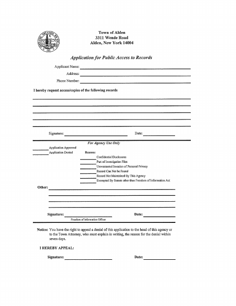 First page of the Application for Public Access to Records