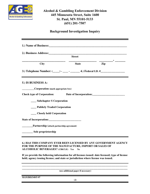 First page of the Alcohol License Background Investigation