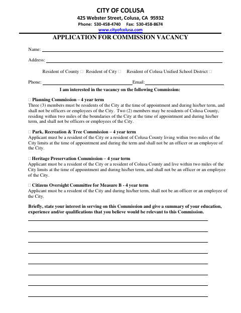 First page of the Application for Commission Vacancy