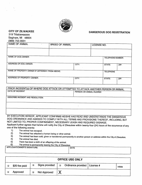 First page of the Dangerous Dog Registration