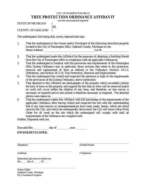 First page of the Tree Protection Ordinance Affidavit
