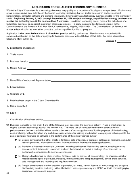 First page of the Application for Qualified Technology Business