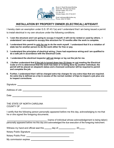 First page of the Electrical Installation by Property Owner Affidavit