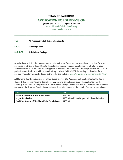 First page of the Application for Subdivision