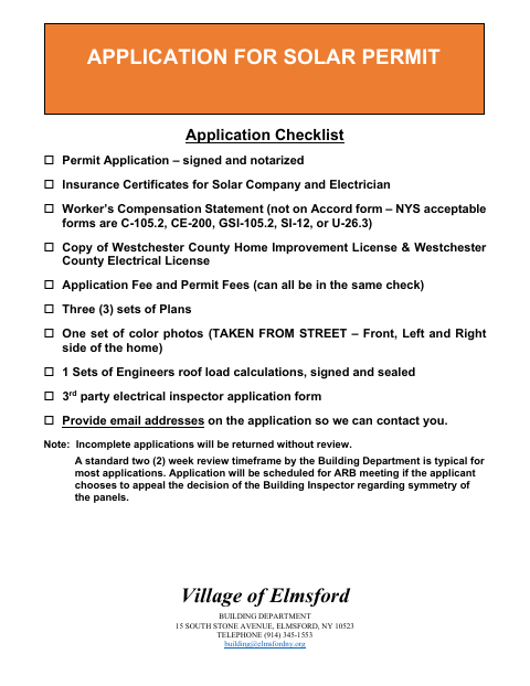 First page of the Residential Solar Permit Application Package