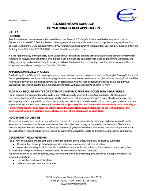 First page of the Commercial Permit Application