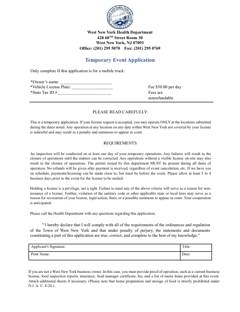 First page of the Temporary Event Application