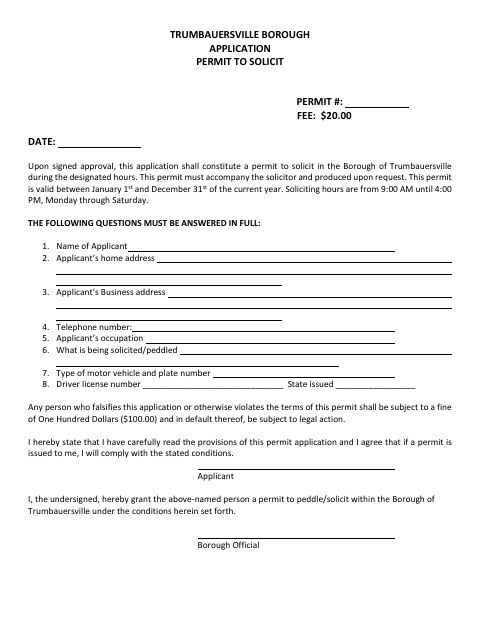 First page of the Permit to Solicit Application