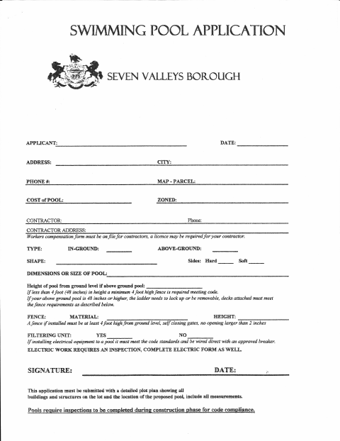 First page of the Swimming Pool Application