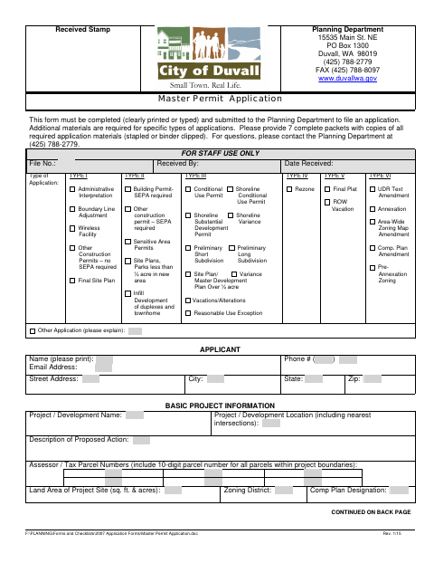 First page of the Master Permit Application