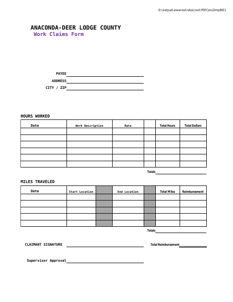 First page of the Work Claims Form