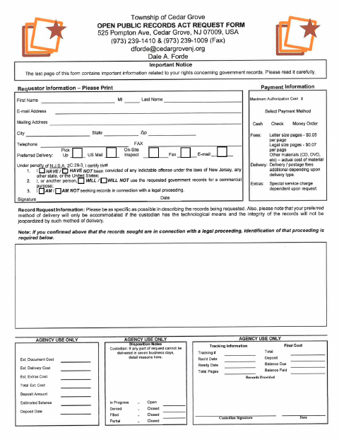 First page of the Open Public Records Act Request Form