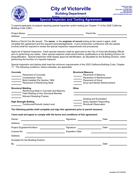 First page of the Special Inspector and Testing Agreement