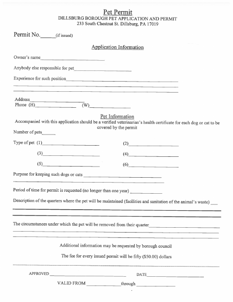 First page of the Pet Permit Application