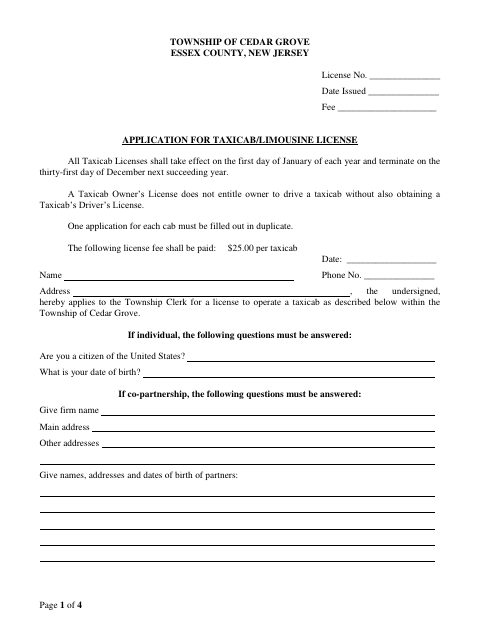 First page of the Taxicab and Limousine License Application