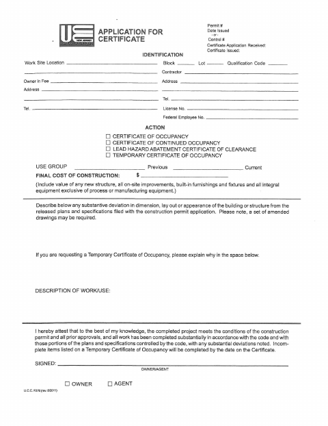 First page of the Application for Certificate