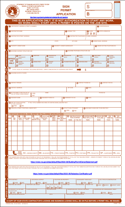 First page of the Sign Permit Application