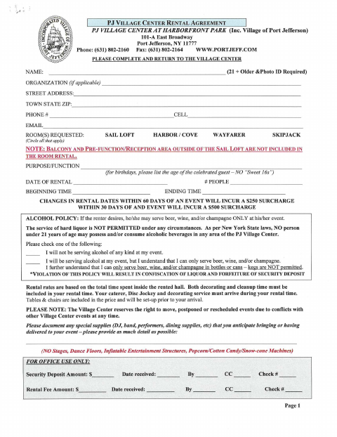First page of the Village Center Room Rental Agreement