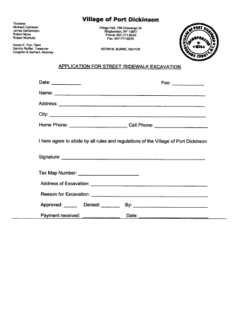 First page of the Street/Sidewalk Excavation Application