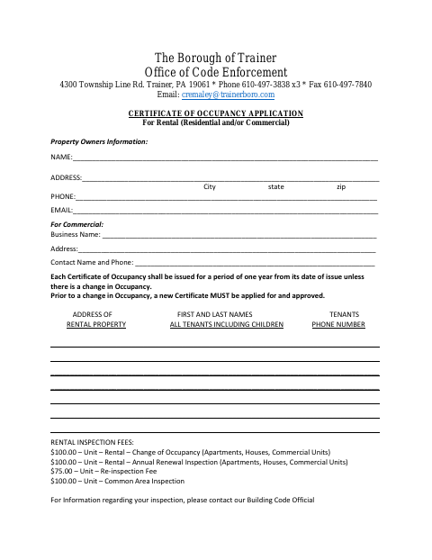 First page of the Certificate of Occupancy Application for Rental Property