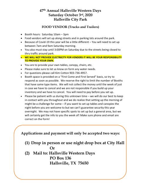 First page of the Food Vendor Trucks and Trailers Vendor Application