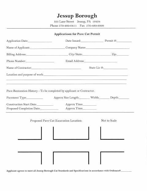 First page of the Pave Cut Permit Application