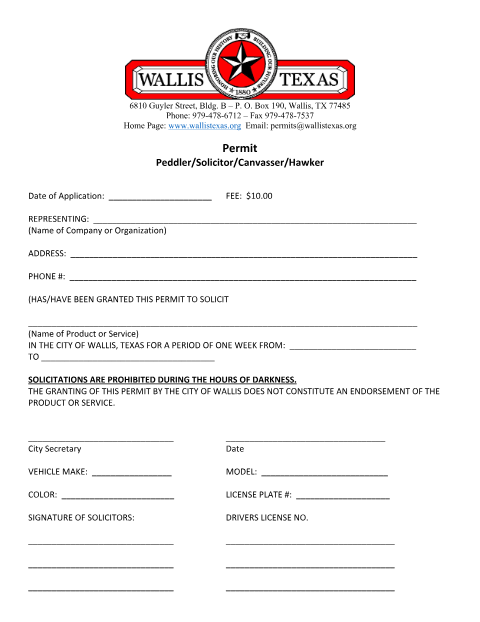 First page of the Peddler, Solicitor, Canvasser, or Hawker Permit