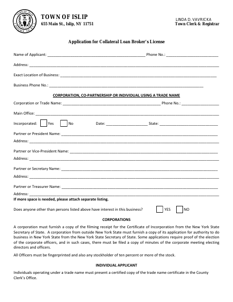 First page of the Collateral Loan Broker’s License Application