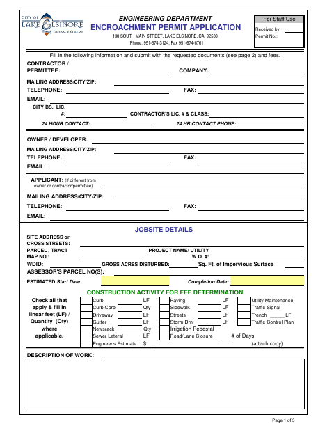 First page of the Encroachment Permit Application