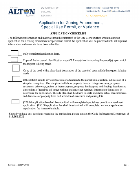 First page of the Application for Zoning Amendment, Special Use Permit, or Variance