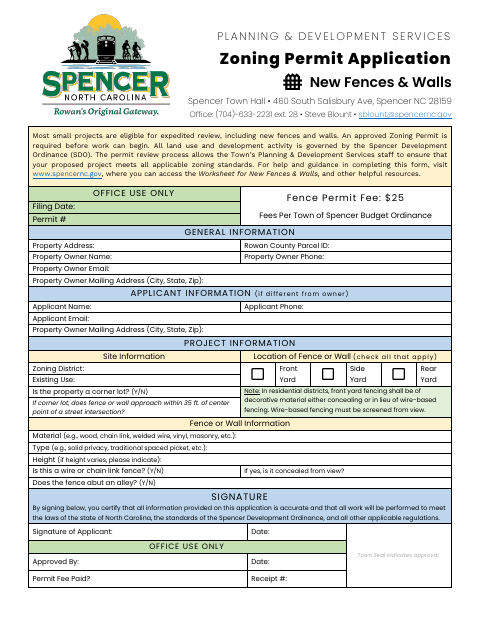 First page of the Zoning Permit Application for New Fences and Walls