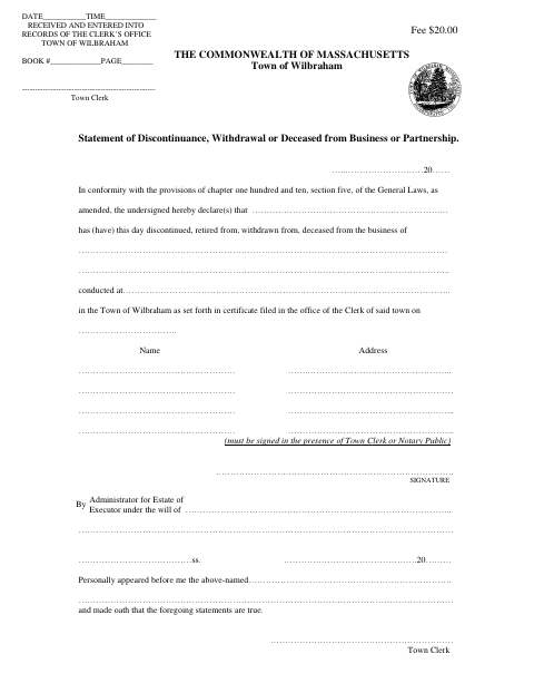 First page of the Statement of Discontinuance, Withdrawal or Deceased from Business or Partnership