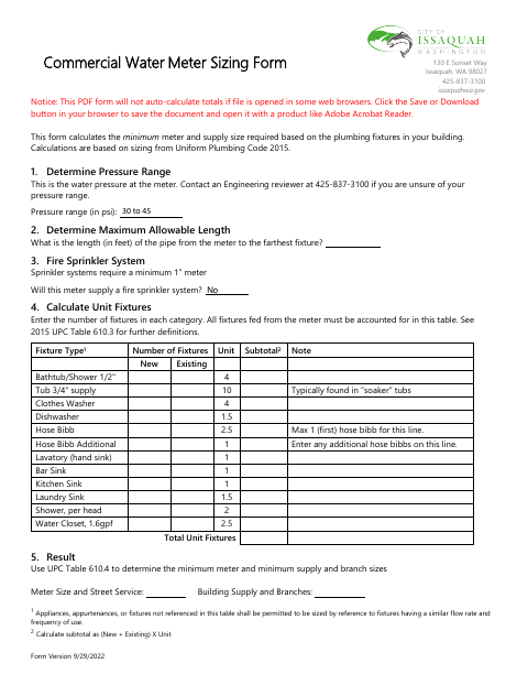 First page of the Commercial Water Meter Sizing Form