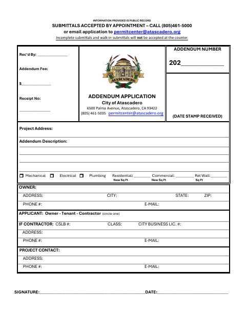 First page of the Addendum Application