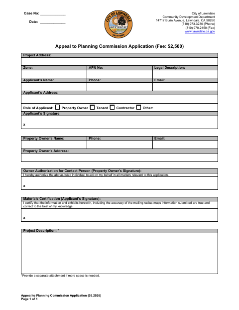 First page of the Appeal to Planning Commission Application