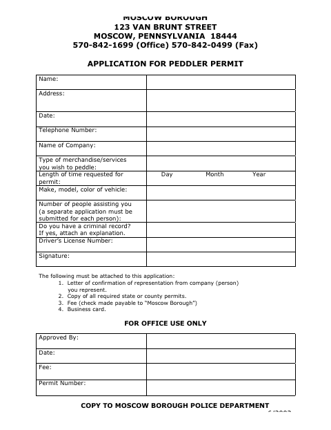 First page of the Application for Peddler Permit