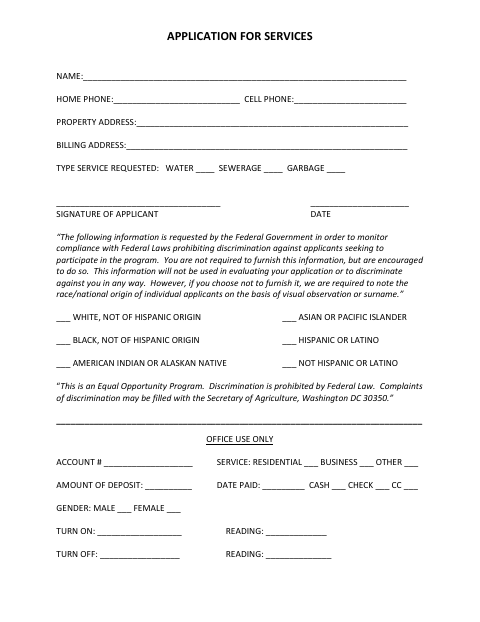 First page of the Application for Services