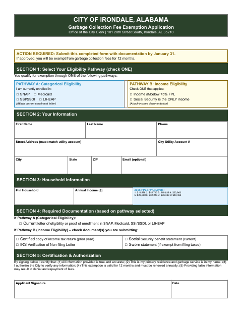 First page of the Garbage Collection Fee Exemption Application