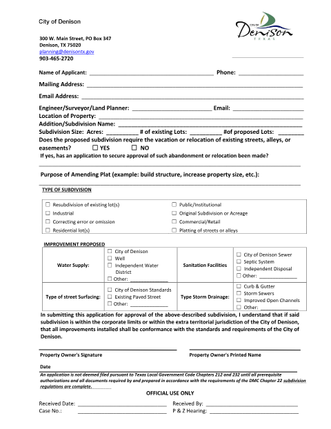 First page of the Amending Plat Application