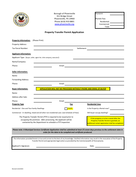 First page of the Property Transfer Permit Application