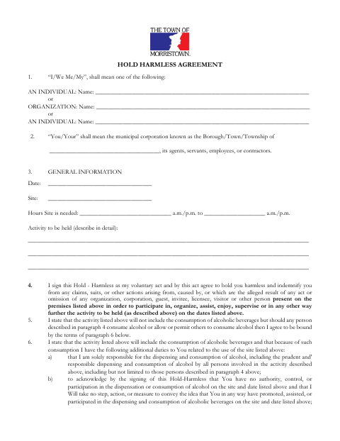 First page of the Recreation Facility Hold Harmless Agreement
