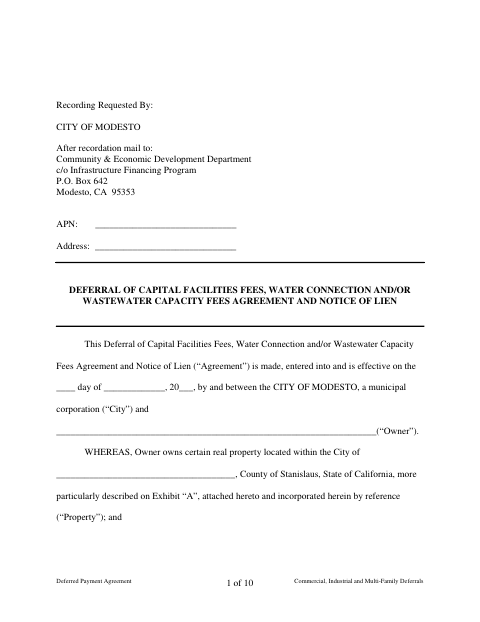 First page of the Deferred Payment Agreement and Notice of Lien