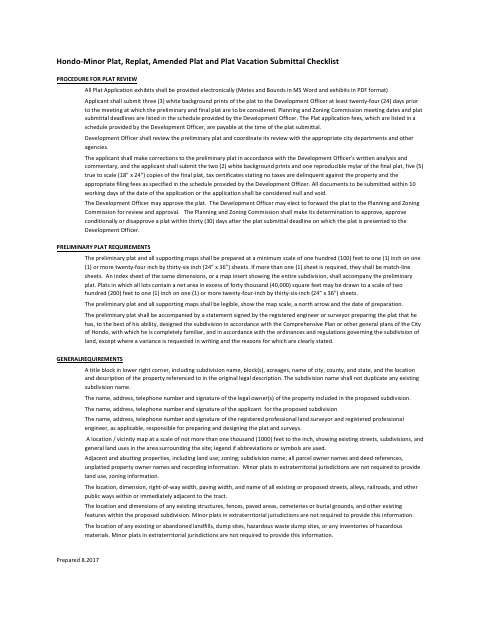 First page of the Minor Plat, Replat, Amended Plat and Plat Vacation Submittal Checklist