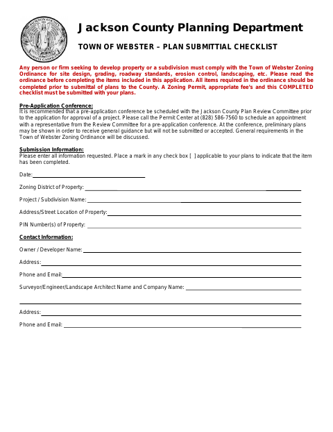 First page of the Development Plan Submission Checklist