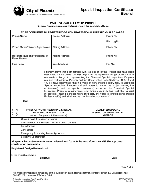 First page of the Special Inspection Certificate, Electrical