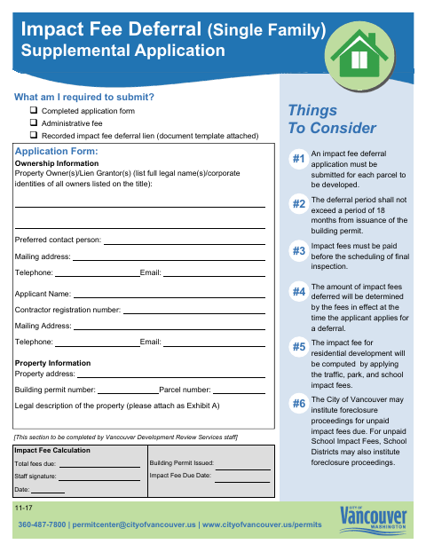 First page of the Impact Fee Deferral (Single Family) Supplemental Application